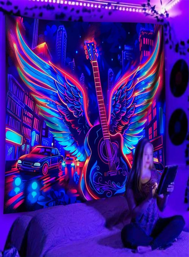 TUGCAY Blacklight Guitar Wing Tapestry UV Reactive Rock Music Tapestry Punk City Car Building Street Wall Hanging Tapestries for Bedroom Dorm Living Room Decor 50" X 60" - Image 3